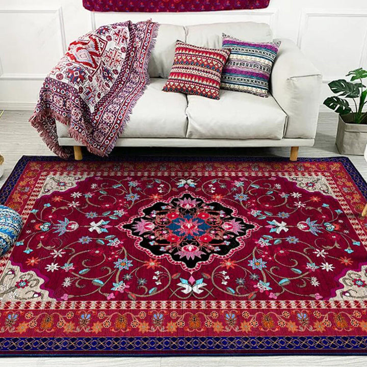 Lisslune | Moroccan Living Room Rug with Red Medallion Floral Pattern Rug Polyester Non-slip Machine Washable Rug
