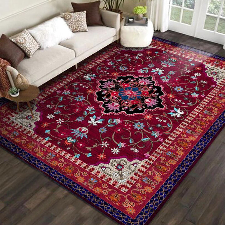 Lisslune | Moroccan Living Room Rug with Red Medallion Floral Pattern Rug Polyester Non-slip Machine Washable Rug