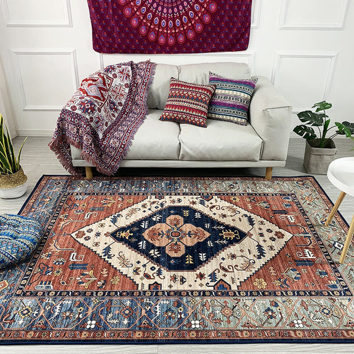 Lisslune | Moroccan Living Room Rug in Brown Medallion Floral Pattern Carpet Polyester Non-Slip Stain-Resistant Area Rug