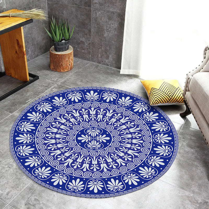 Lisslune | Blue Mediterranean Rug Flannel Floral Pattern Rug Washable Non-Slip Back Rug for the Living Room