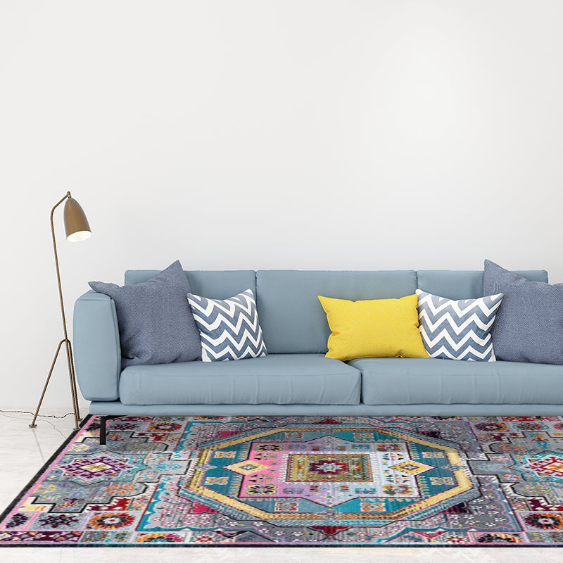 Lisslune | Mediterranean Moroccan carpet in blue medallion floral pattern carpet polyester non-slip carpet for home decor