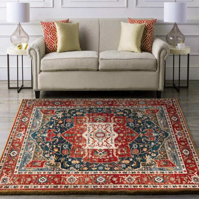 Lisslune | Oriental Moroccan Carpet in Red Medallion Leaf Flower Pattern Carpet Polyester Washable Non-slip Carpet for Home Decor