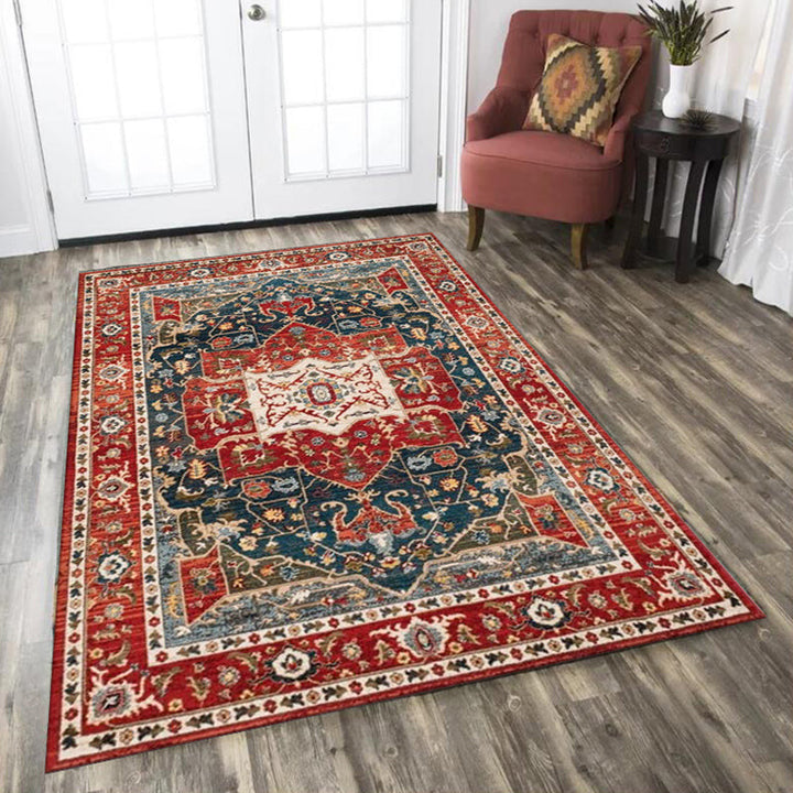 Lisslune | Oriental Moroccan Carpet in Red Medallion Leaf Flower Pattern Carpet Polyester Washable Non-slip Carpet for Home Decor