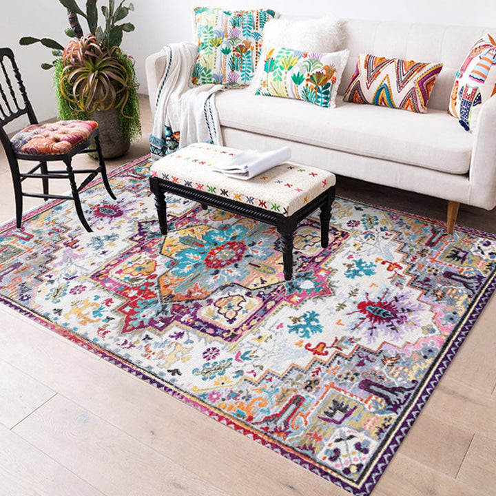 Lisslune | Oriental Moroccan rug in pink medallion floral pattern rug polyester non-slip washable rug for home decoration