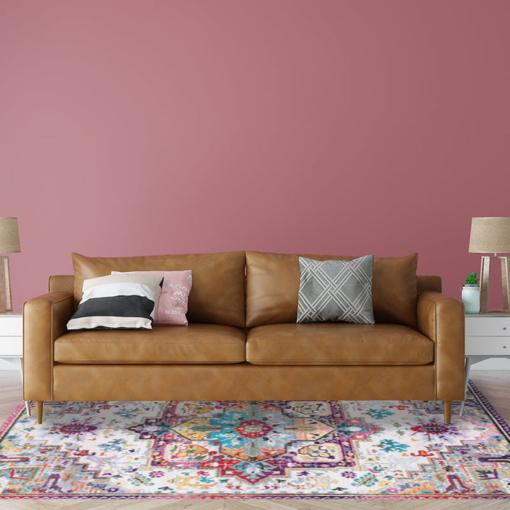 Lisslune | Oriental Moroccan rug in pink medallion floral pattern rug polyester non-slip washable rug for home decoration
