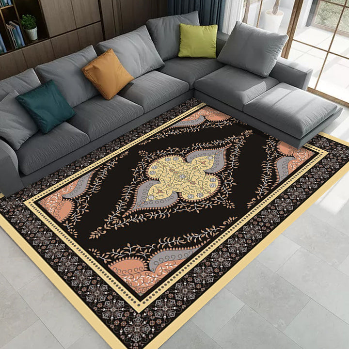 Lisslune | Persian Moroccan rug in black medallion leaf-shaped flower pattern rug polyester anti-slip rug for home decor