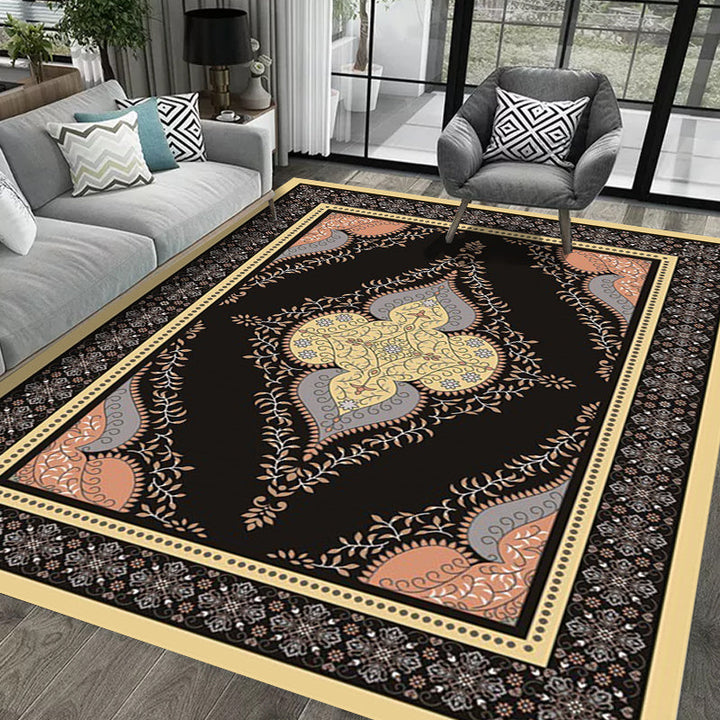 Lisslune | Persian Moroccan rug in black medallion leaf-shaped flower pattern rug polyester anti-slip rug for home decor