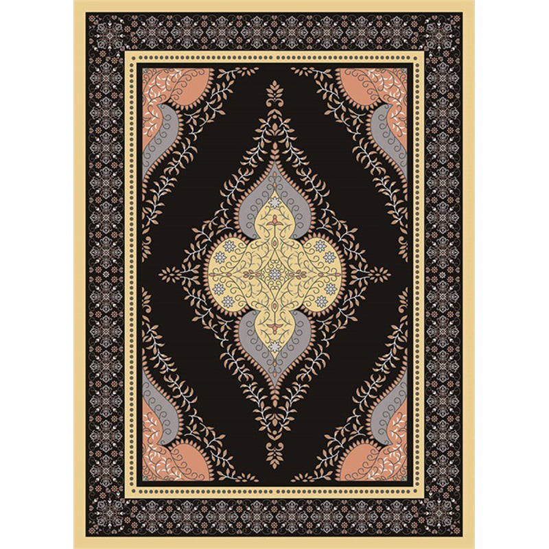 Lisslune | Persian Moroccan rug in black medallion leaf-shaped flower pattern rug polyester anti-slip rug for home decor