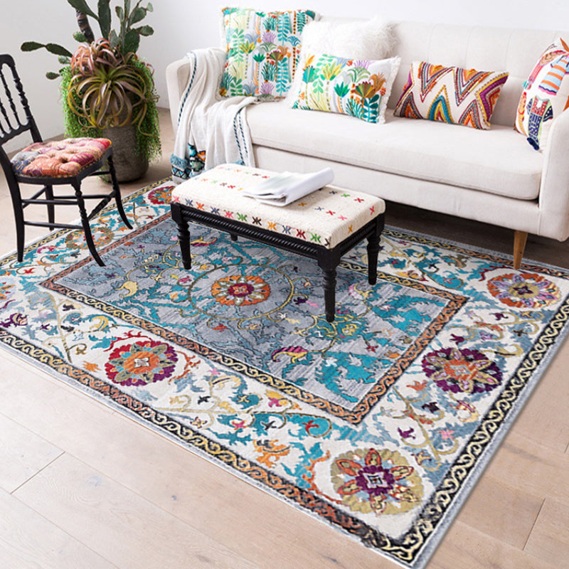 Lisslune | Blue and Brown Bedroom Rug Moroccan Medallion Floral Vine Pattern Rug Polyester Non-Slip Pet-Friendly Rug