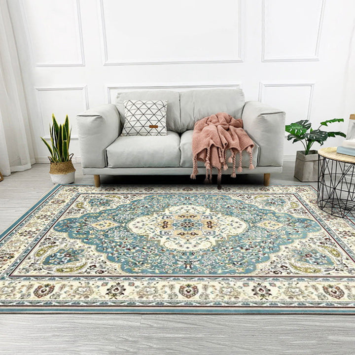 Lisslune | Moroccan Living Room Rug in Teal Medallion Floral Pattern Rug Polyester Non-Slip Stain Resistant Area Rug