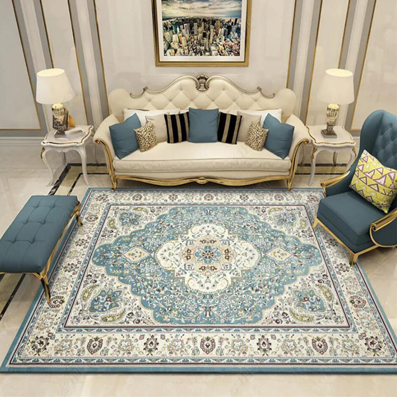 Lisslune | Moroccan Living Room Rug in Teal Medallion Floral Pattern Rug Polyester Non-Slip Stain Resistant Area Rug
