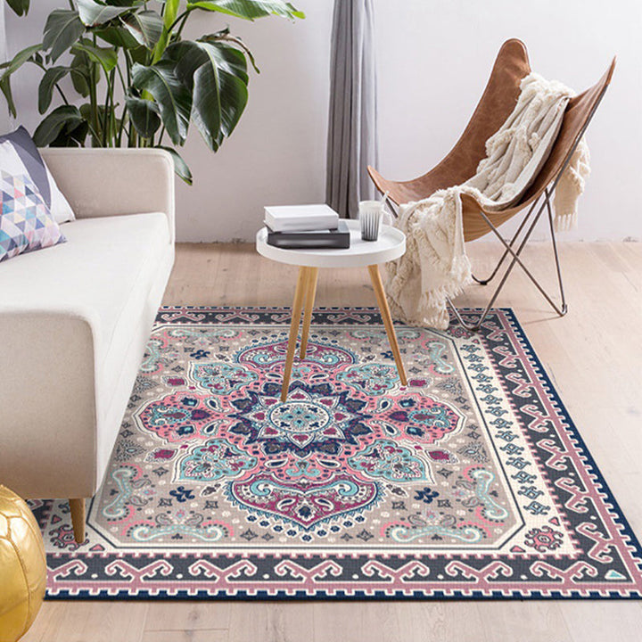 Lisslune | Persian Moroccan carpet in purple medallion paisley flower pattern carpet polyester non-slip carpet for home decor