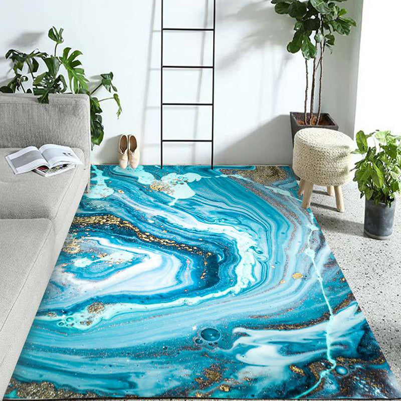 Lisslune | Funky Marble Pattern Rug Blue Modern Rug Polyester Washable Non-Slip Back Area Rug for Bedroom