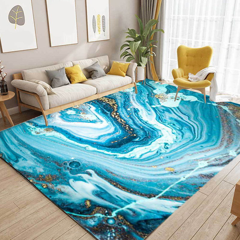 Lisslune | Funky Marble Pattern Rug Blue Modern Rug Polyester Washable Non-Slip Back Area Rug for Bedroom