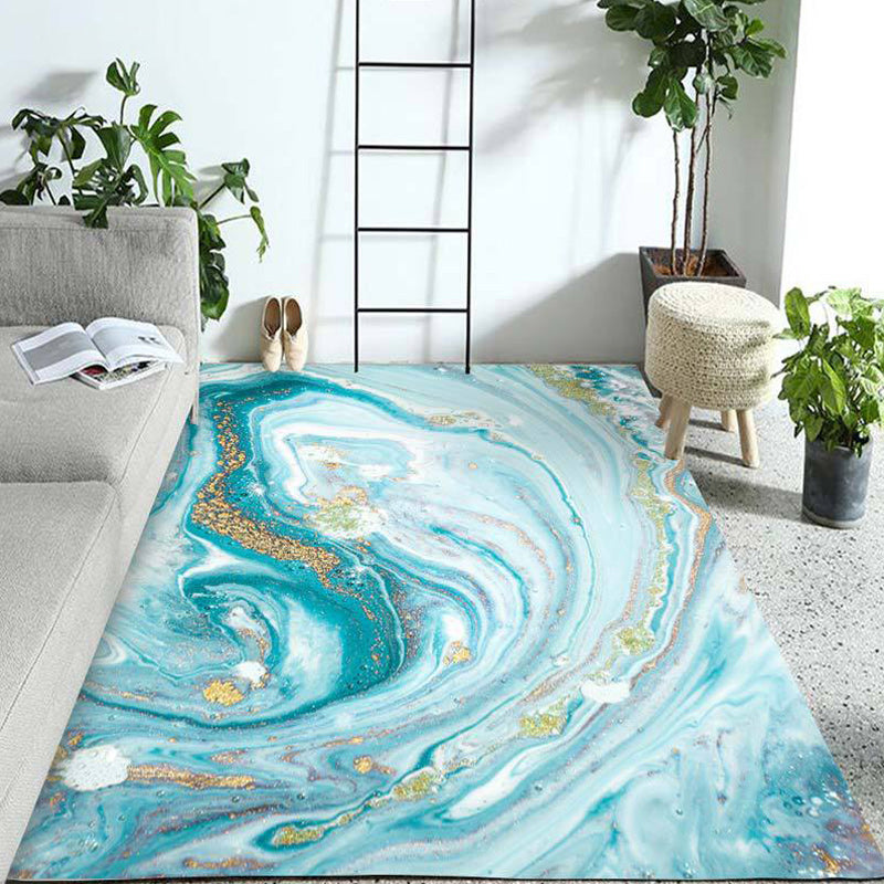 Lisslune | Funky Marble Pattern Rug Blue Modern Rug Polyester Washable Non-Slip Back Area Rug for Bedroom