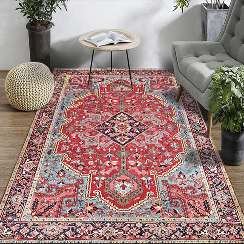 Lisslune | Red Bedroom Rug Moroccan Medallion Flower Pattern Rug Polyester Pet Friendly Non-Slip Back Rug