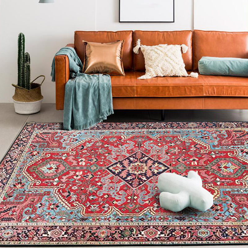 Lisslune | Red Bedroom Rug Moroccan Medallion Flower Pattern Rug Polyester Pet Friendly Non-Slip Back Rug