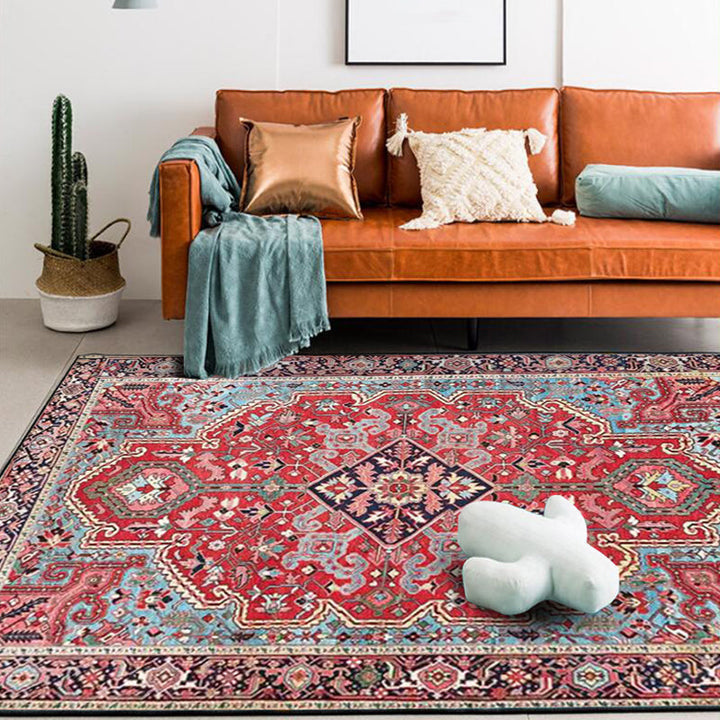 Lisslune | Red Bedroom Rug Moroccan Medallion Flower Pattern Rug Polyester Pet Friendly Non-Slip Back Rug