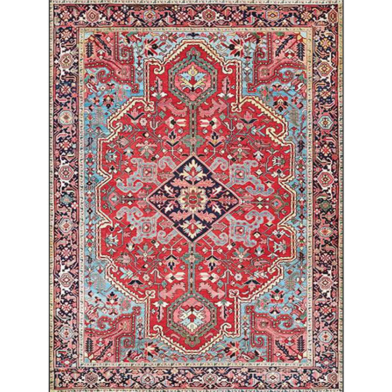 Lisslune | Red Bedroom Rug Moroccan Medallion Flower Pattern Rug Polyester Pet Friendly Non-Slip Back Rug