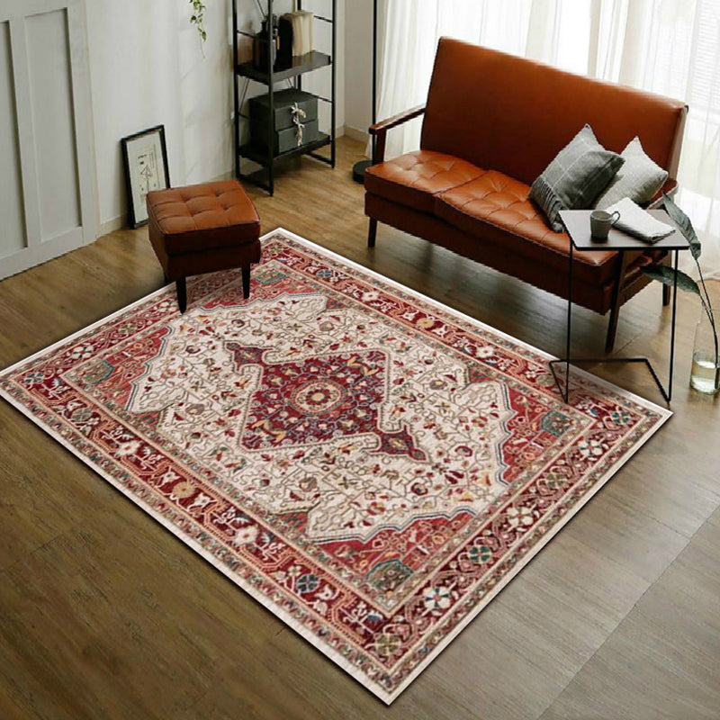 Lisslune | Moroccan Living Room Rug in Red Medallion Flower Pattern Rug Polyester Non-Slip Pet-Friendly Area Rug