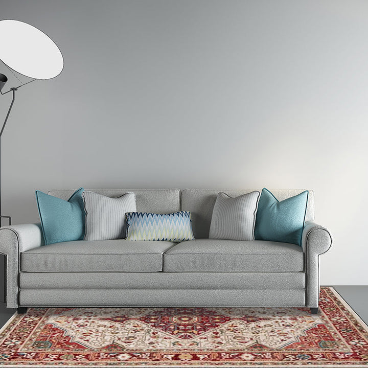 Lisslune | Moroccan Living Room Rug in Red Medallion Flower Pattern Rug Polyester Non-Slip Pet-Friendly Area Rug