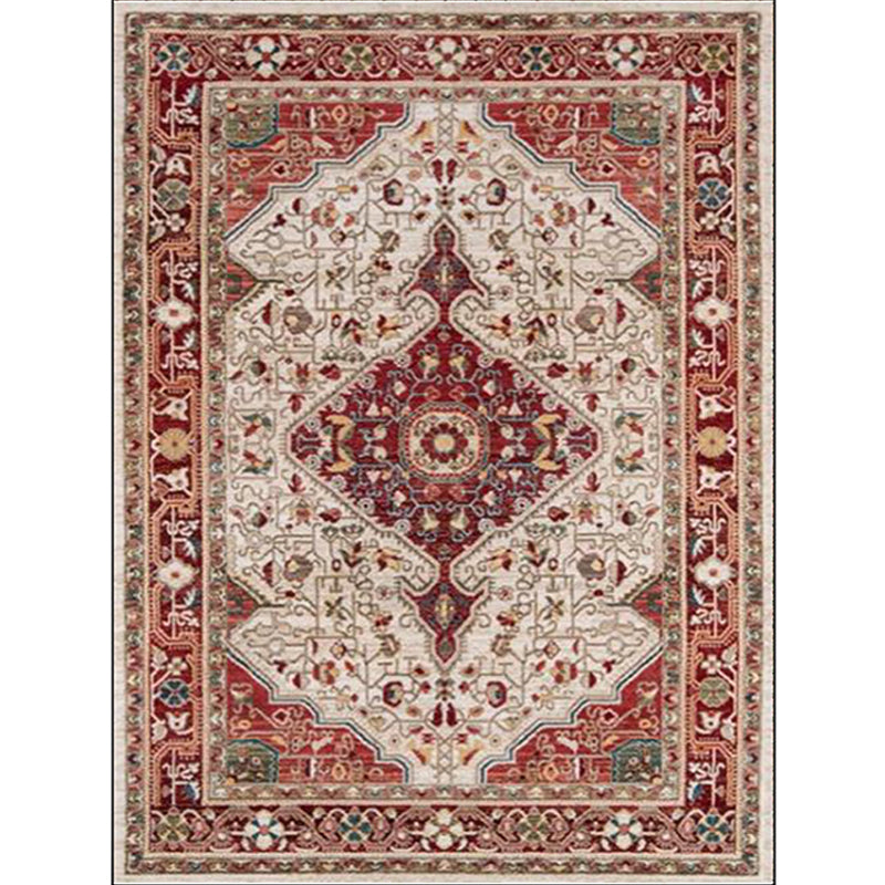 Lisslune | Moroccan Living Room Rug in Red Medallion Flower Pattern Rug Polyester Non-Slip Pet-Friendly Area Rug