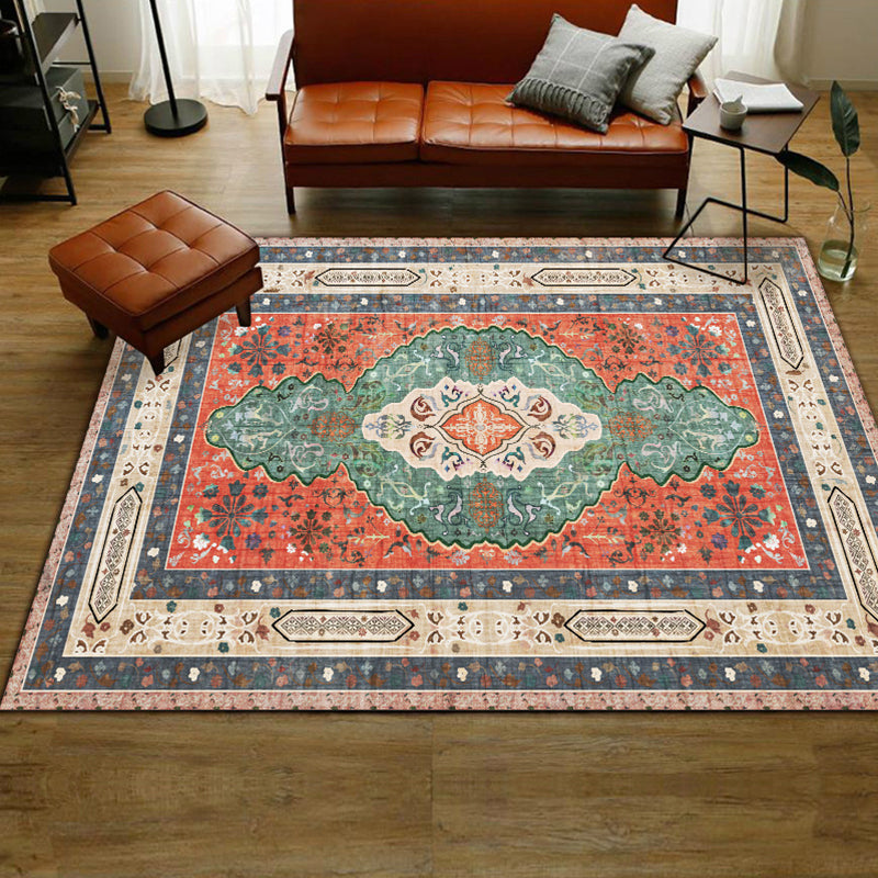 Lisslune | Persian Moroccan rug with orange medallion flower pattern rug polyester washable non-slip rug for home decor