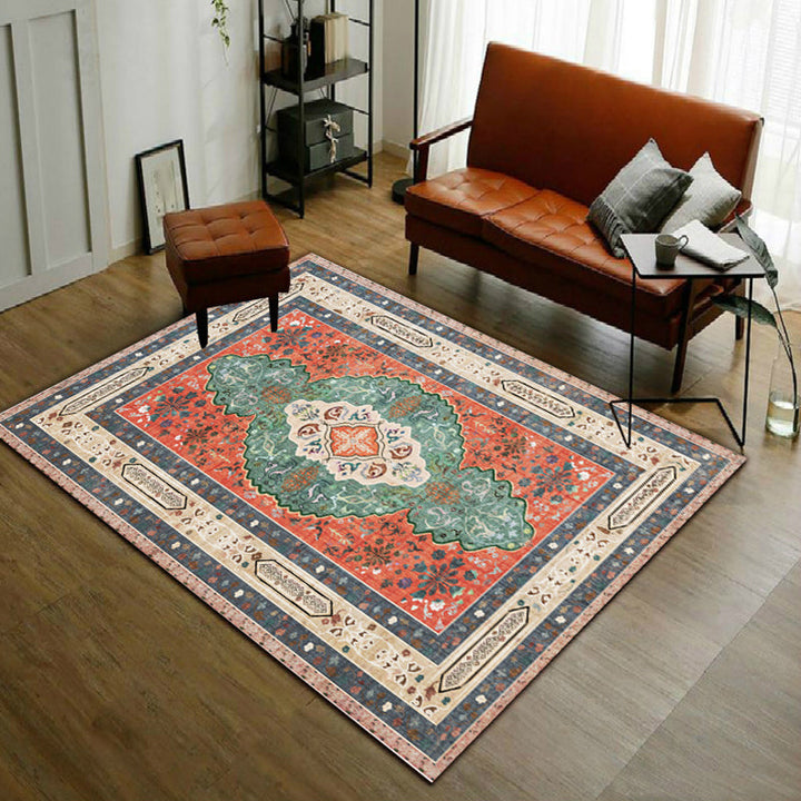 Lisslune | Persian Moroccan rug with orange medallion flower pattern rug polyester washable non-slip rug for home decor