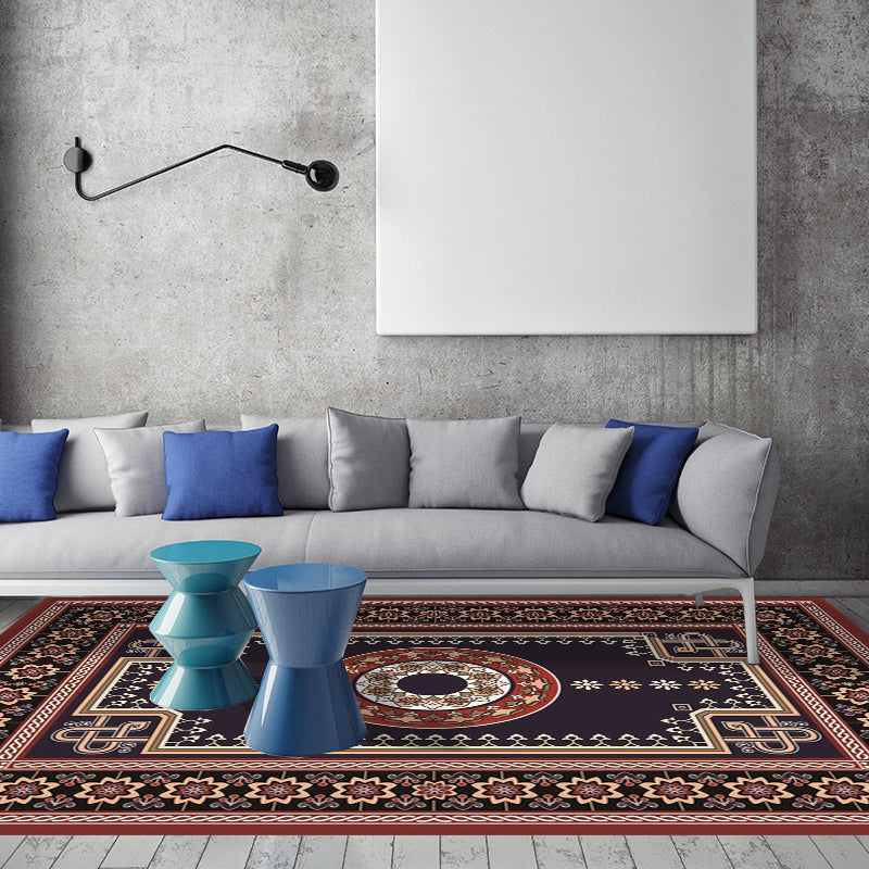 Lisslune | Moroccan Living Room Rug in Brown Medallion Flower Pattern Carpet Polyester Non-slip Washable Rug