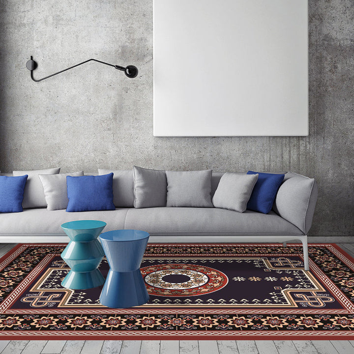 Lisslune | Moroccan Living Room Rug in Brown Medallion Flower Pattern Carpet Polyester Non-slip Washable Rug