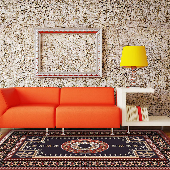 Lisslune | Moroccan Living Room Rug in Brown Medallion Flower Pattern Carpet Polyester Non-slip Washable Rug