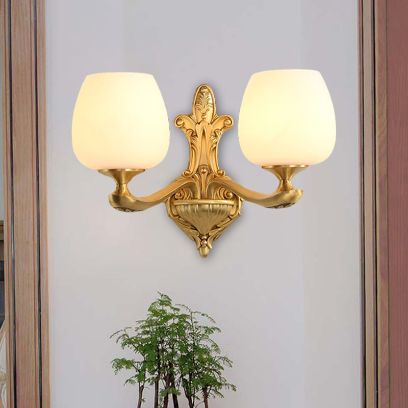 Skørter | Brass 1/2-Light Country Cream Glass Cup Shape Wall Lighting Fixture for Bedroom