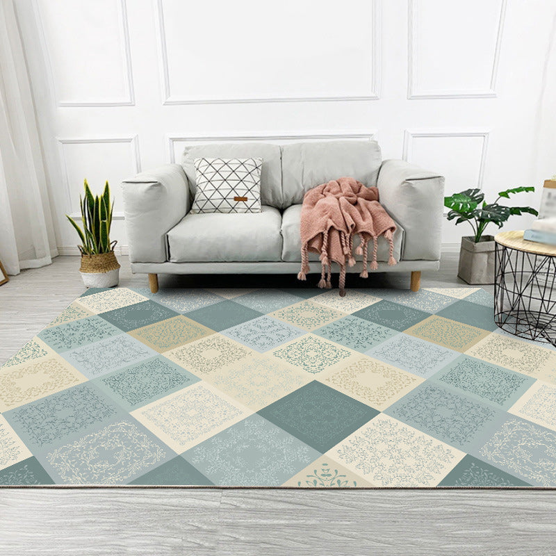 Lisslune | Eastern Moroccan rug in yellow and green checked pattern rug polyester non-slip backing rug for home decor
