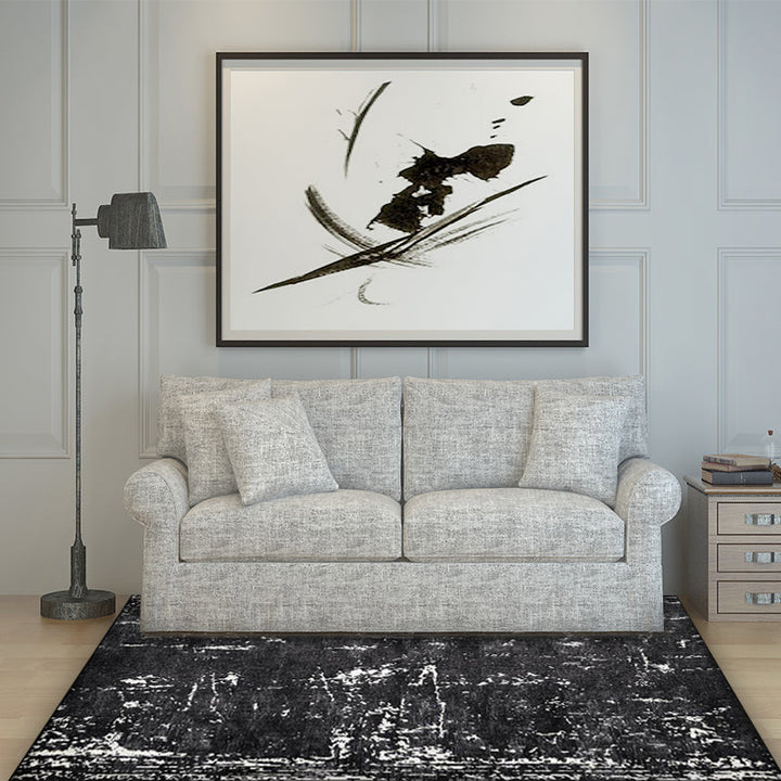 Lisslune | Black Industrial Floor Rug Polyester Abstract Rug Washable Non-Slip Underlay Flooring for Living Room