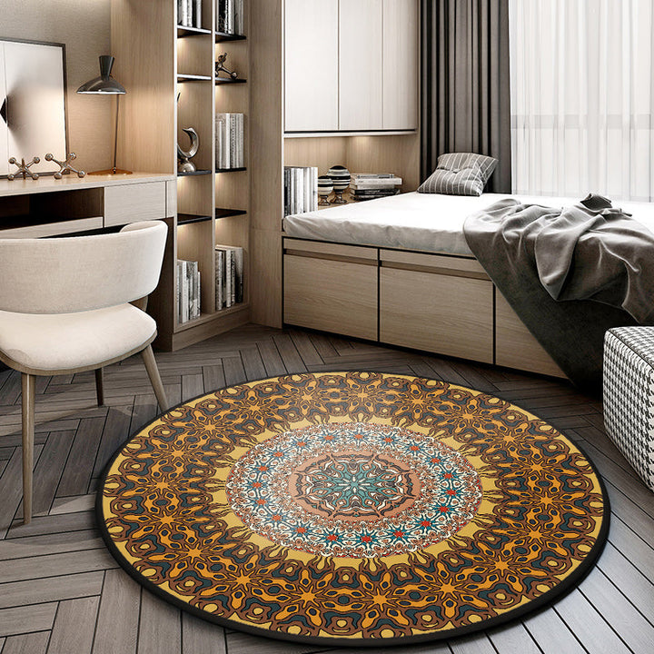 Lisslune | Moroccan living room rug with brown flower circle print rug polyester non-slip machine washable rug