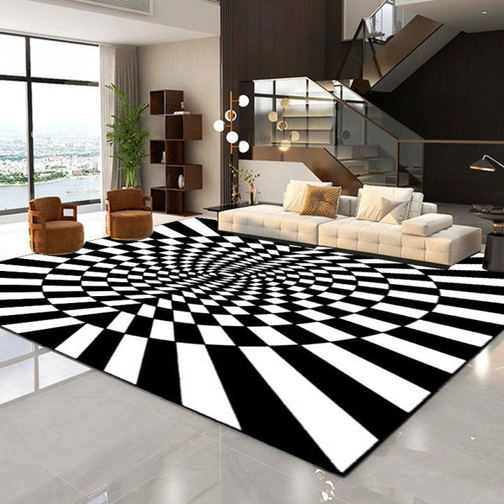 Lisslune | Novelty Living Room Rug in Black and White 3D Circle Stripe Pattern Rug Polyester Pet-Friendly Washable Rug