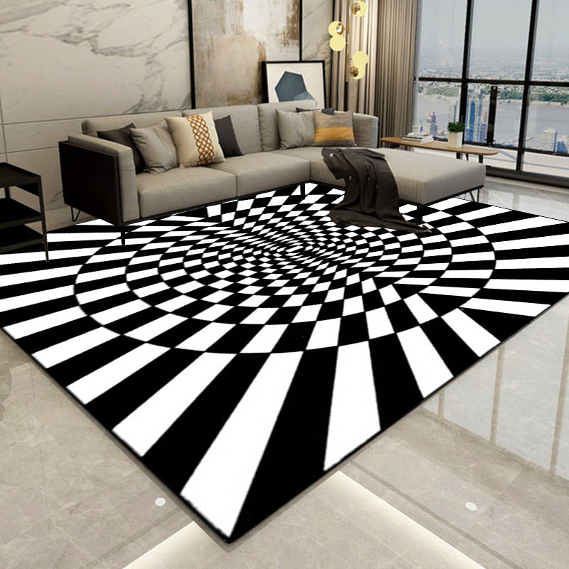 Lisslune | Novelty Living Room Rug in Black and White 3D Circle Stripe Pattern Rug Polyester Pet-Friendly Washable Rug