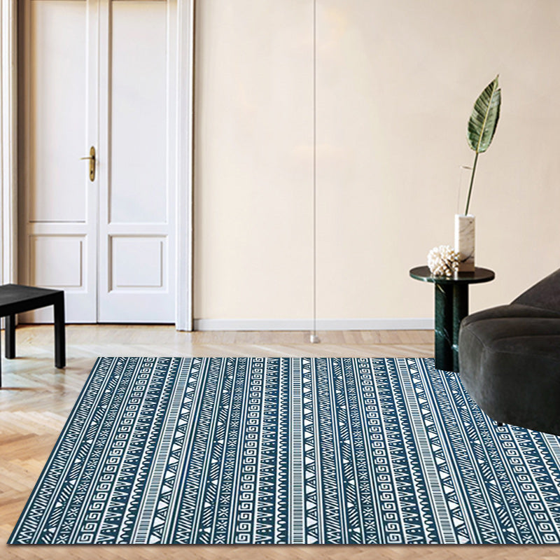 Lisslune | Tribal South-West Rug in Blue Stripes Triangle Greek Key Pattern Rug Polyester Non-slip Living Room Rug for Home Decor
