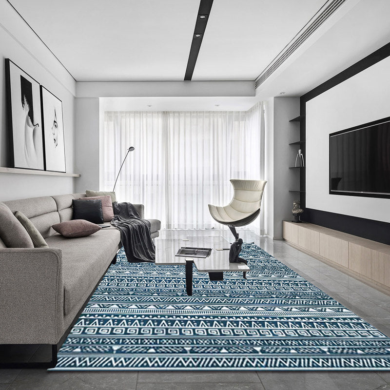 Lisslune | Tribal South-West Rug in Blue Stripes Triangle Greek Key Pattern Rug Polyester Non-slip Living Room Rug for Home Decor