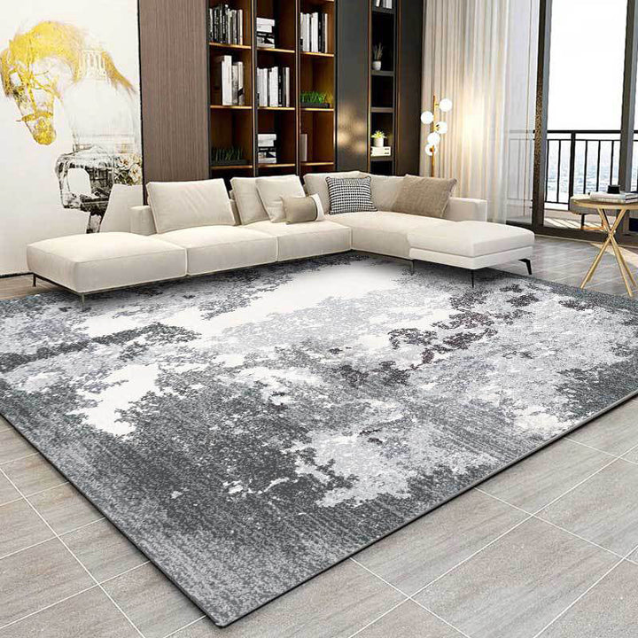 Lisslune | Gray and white contemporary carpet polyester abstract rug washable non-slip backing rug for the living room