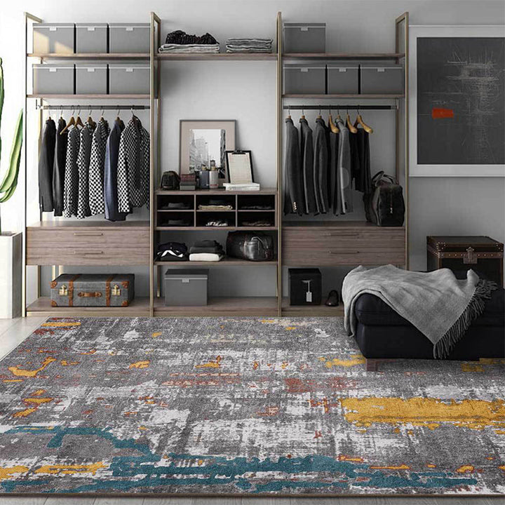 Lisslune | Industrial Abstract Carpet Gray Polyester Carpet Machine Washable Non-Slip Back Area Rug for Bedroom