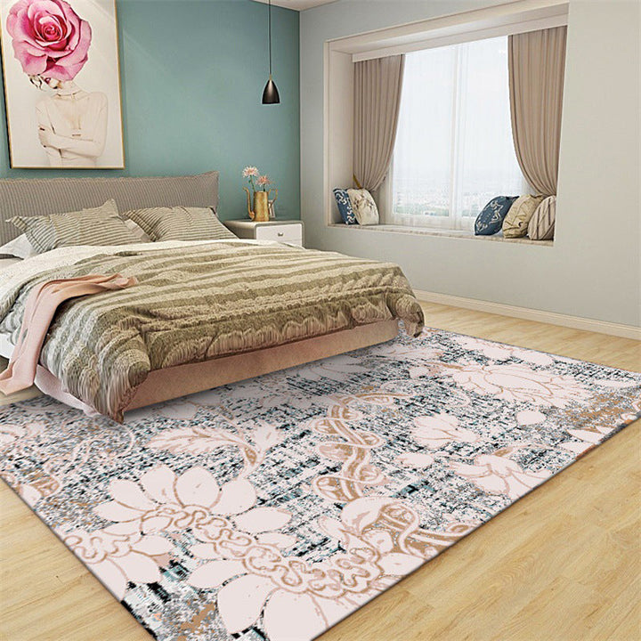 Lisslune | Washed white floral patterned carpet with leaf pink shabby chic carpet washable polyester non-slip backing doormat for bedroom
