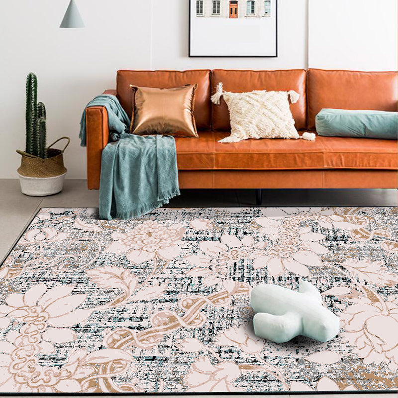 Lisslune | Washed white floral patterned carpet with leaf pink shabby chic carpet washable polyester non-slip backing doormat for bedroom