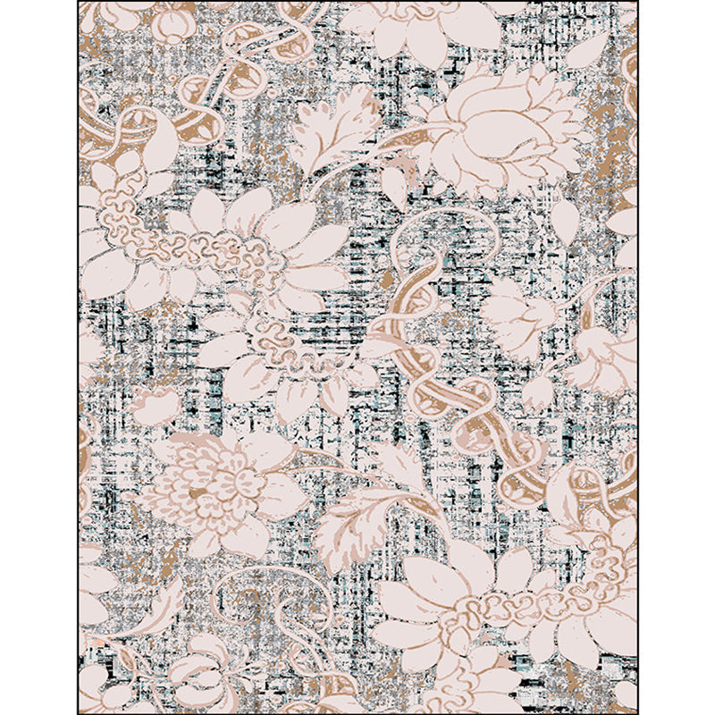 Lisslune | Washed white floral patterned carpet with leaf pink shabby chic carpet washable polyester non-slip backing doormat for bedroom