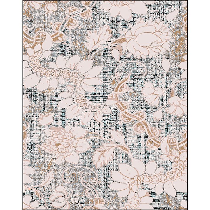 Lisslune | Washed white floral patterned carpet with leaf pink shabby chic carpet washable polyester non-slip backing doormat for bedroom