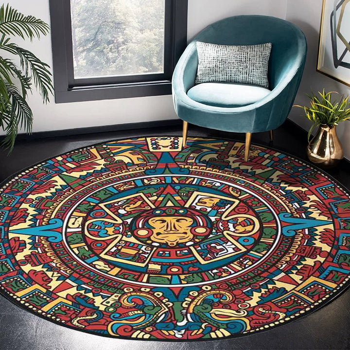 Lisslune | Southwestern Living Room Rug in Red Tribal Animal Circle Print Rug Polyester Non-Slip Back Washable Floor Covering