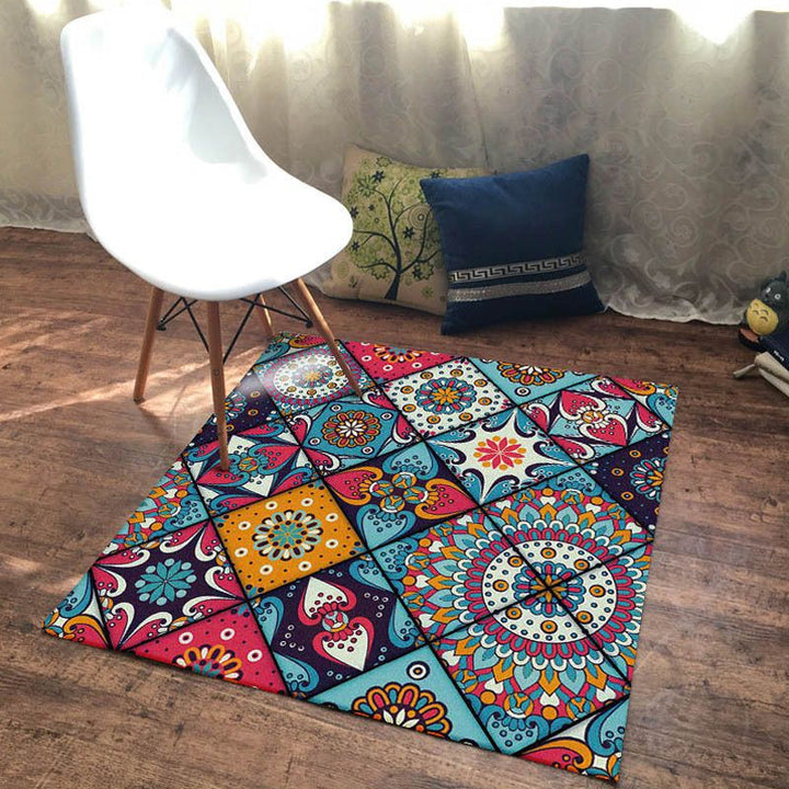 Lisslune | Moroccan Living Room Rug Colorful Flowers Diamond Circle Print Rug Polyester Non-Slip Washable Area Rug
