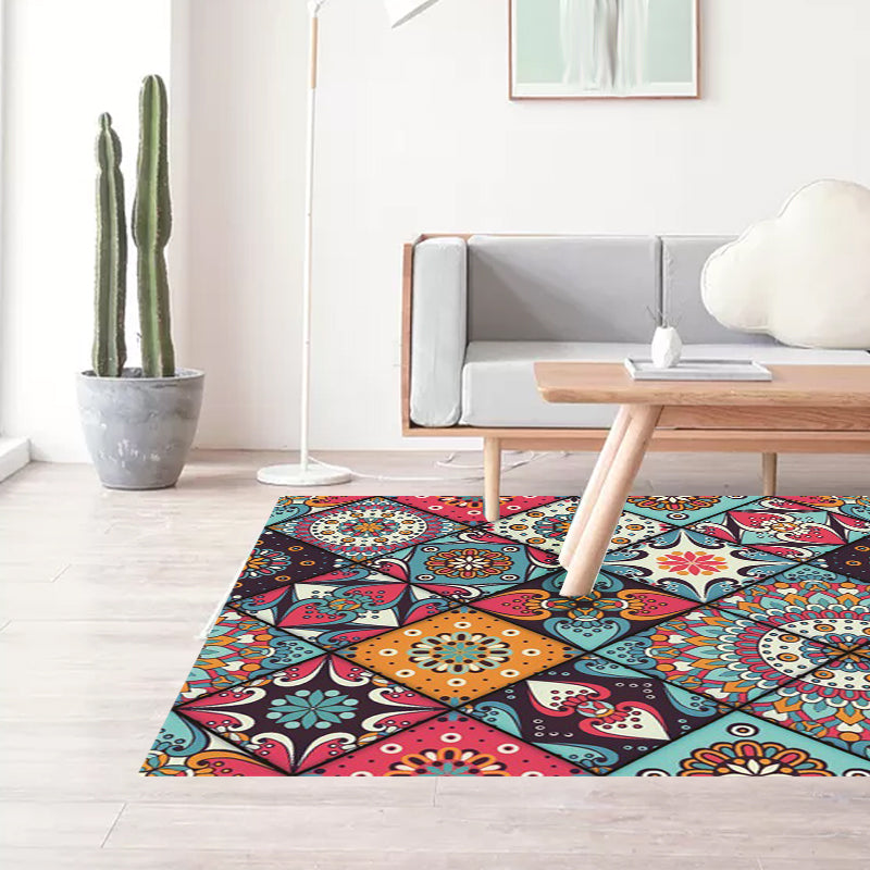 Lisslune | Moroccan Living Room Rug Colorful Flowers Diamond Circle Print Rug Polyester Non-Slip Washable Area Rug