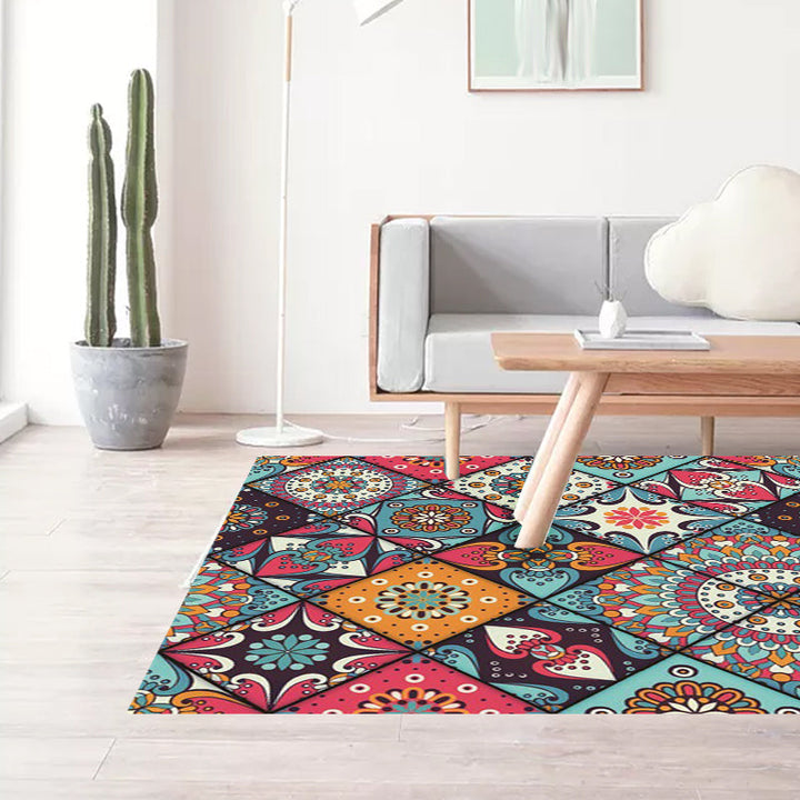 Lisslune | Moroccan Living Room Rug Colorful Flowers Diamond Circle Print Rug Polyester Non-Slip Washable Area Rug