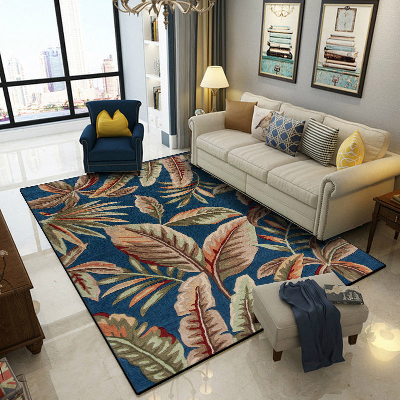 Lisslune | Blue Tropical Carpet Polyester Leaf Print Carpet Washable Non-Slip Back Carpet for Living Room